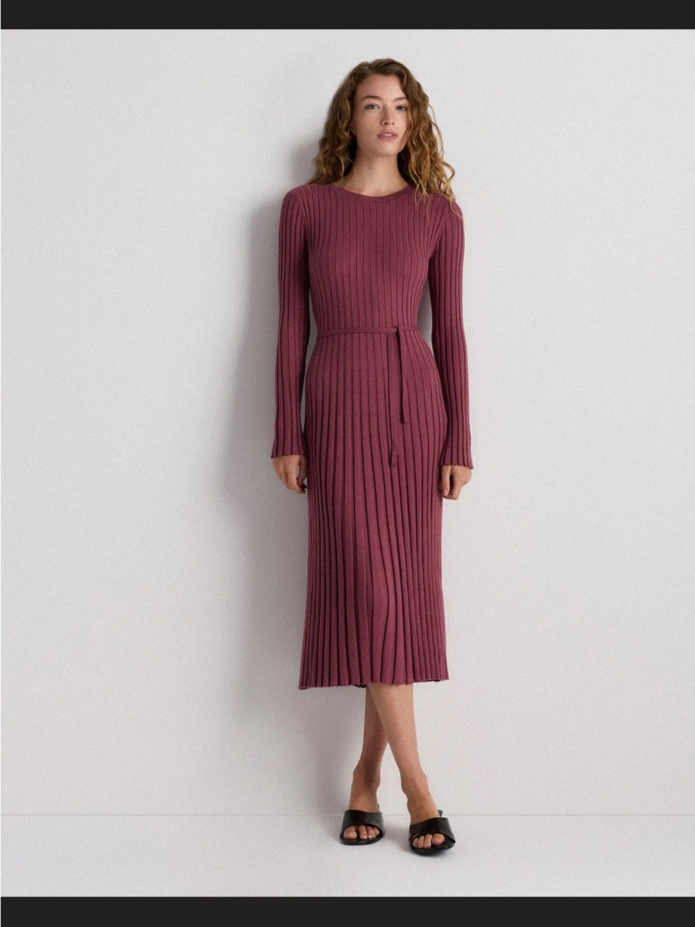 QUINCE Ribbed cotton cashmere Knit Midi Dress with Tie Waist - Dusty Rose